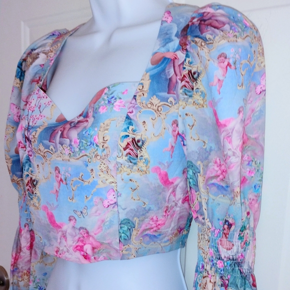 Sugar Thrillz Divine Lush Opulence Puff Sleeve Blouse Renaissance Print Crop Top - Picture 2 of 7